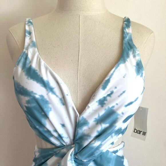 Bar III Spiraling Twist-Front Monokini One-Piece Swimsuit Aqua Blue White Size M - Picture 3 of 14